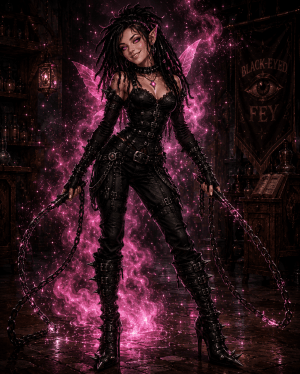 Cinder, a bright-pink nymph disguised in black