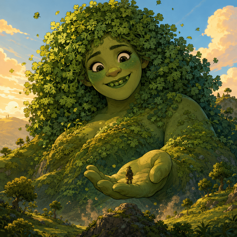 Grossina, a gentle green giantess resting beneath cilantro-covered hair
