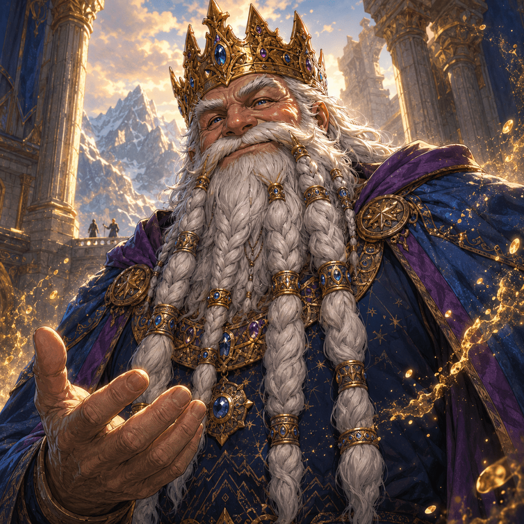King Ogeron the First, giant monarch with an enormous crown and braided white beard