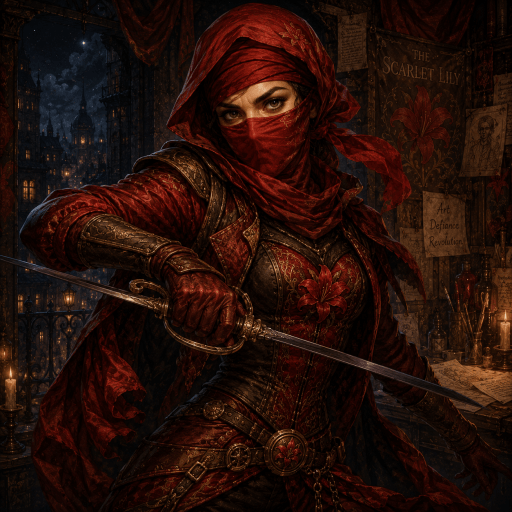 The Scarlet Lily, a red-clad outlaw and skilled swordswoman in The Refried Trilogy